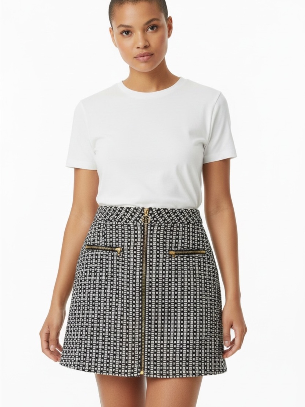 Express Black & White Zip-Front Mini Skirt with Gold Hardware